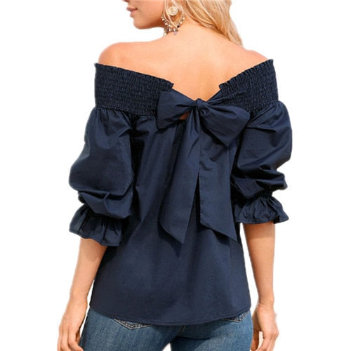 Sexy Off Shoulder Spring Summer Strapless Blouse Women Bowknot Tops Slash Neck Shirts Casual Loose blusas mujer de moda 2019