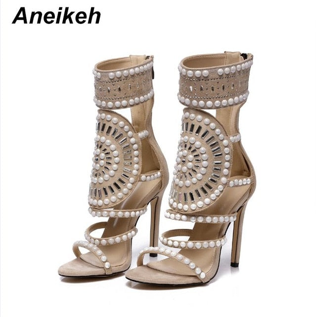 Aneiken Fashion Open Toe Rhinestone Design High Heel Sandals Crystal Ankle Wrap Glitter Diamond Gladiator Black Size 35-42