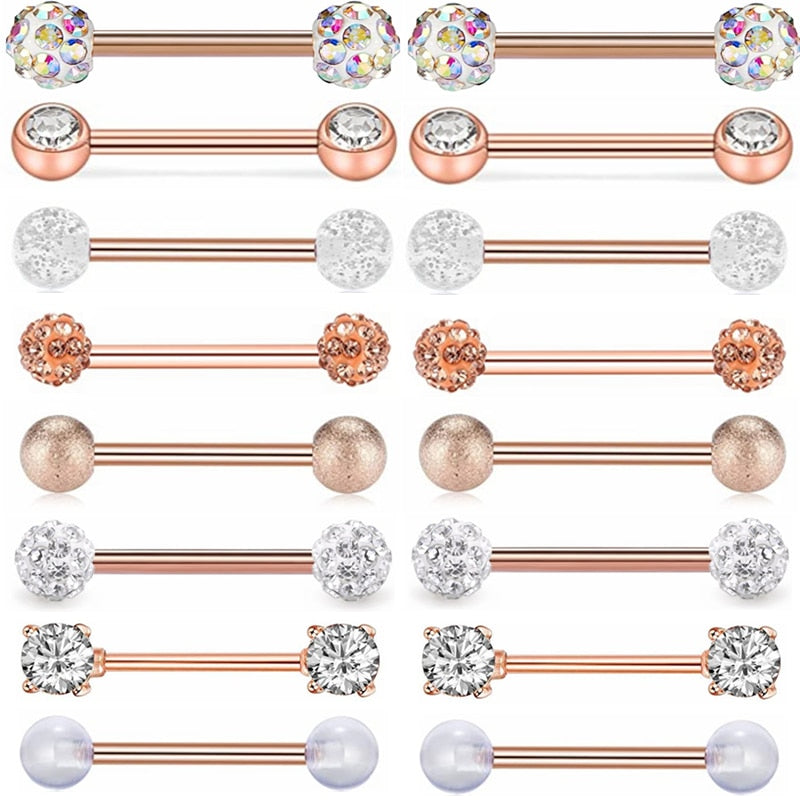 1/2PCS Glitter Tongue Piercing Ring 14G Rose Gold Crystal Nipple Piercing Bar Sexy Tongue Ring Barbell Nipple Ring Pircing Teton