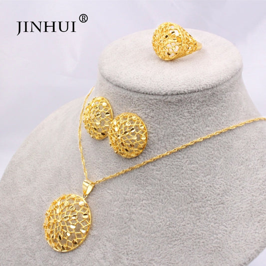 Ethiopia 24K gold color Dubai jewelry sets women African Necklace and Earrings ring sets 45cm Pendant gifts