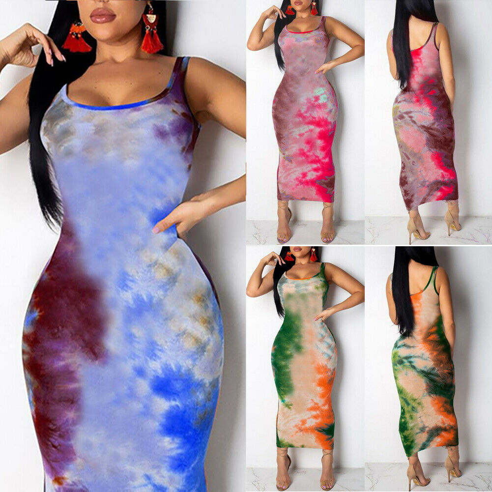 Hirigin Graffiti Slim Fit Cotton Tie Dye Dress Boho Long Maxi Dresses Evening Party Beach Bodycon Dresses Sundress