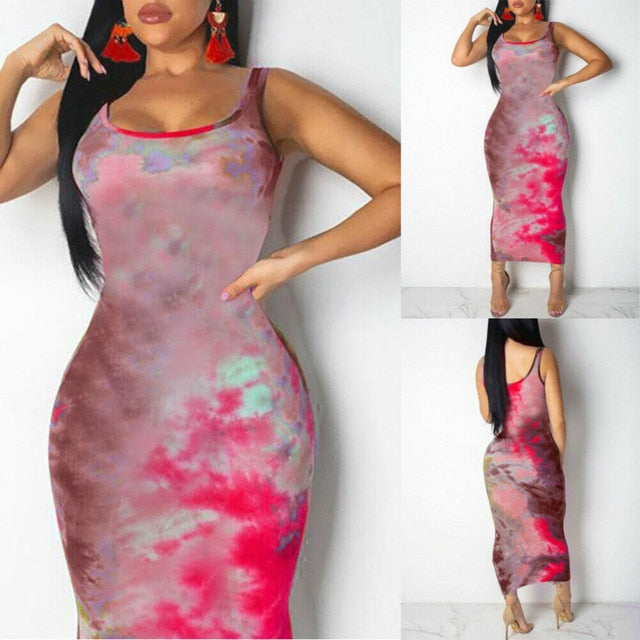 Hirigin Graffiti Slim Fit Cotton Tie Dye Dress Boho Long Maxi Dresses Evening Party Beach Bodycon Dresses Sundress