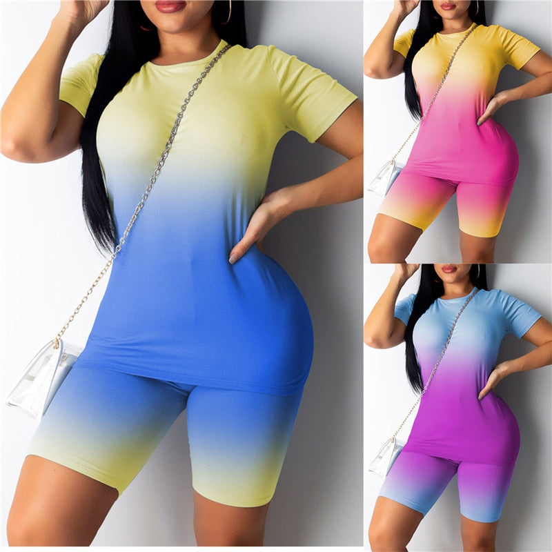 2020 New Sexy Short Two Piece Set Crop Tops and Biker Shorts Gradient Bodycon Matching Sets Summer Sportwear Clothes for Women