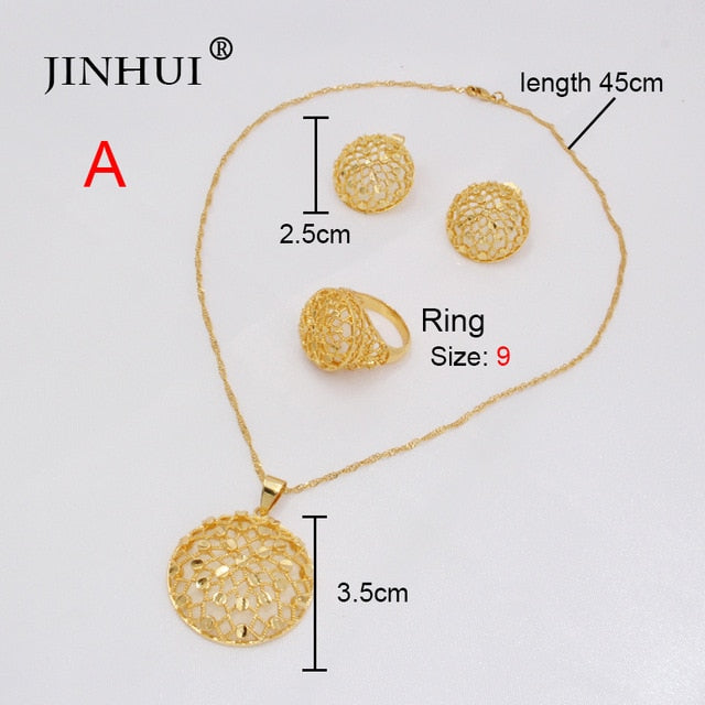 Ethiopia 24K gold color Dubai jewelry sets women African Necklace and Earrings ring sets 45cm Pendant gifts