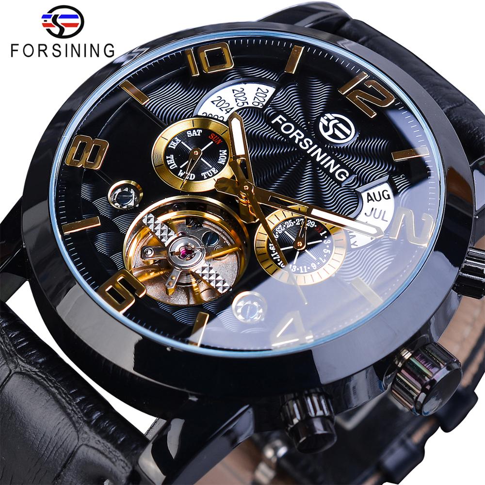 Forsining Tourbillion Fashion Wave Black Golden Clock Multi Function Display Mens Automatic Mechanical Watch