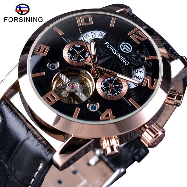 Forsining Tourbillion Fashion Wave Black Golden Clock Multi Function Display Mens Automatic Mechanical Watch