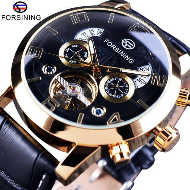 Forsining Tourbillion Fashion Wave Black Golden Clock Multi Function Display Mens Automatic Mechanical Watch