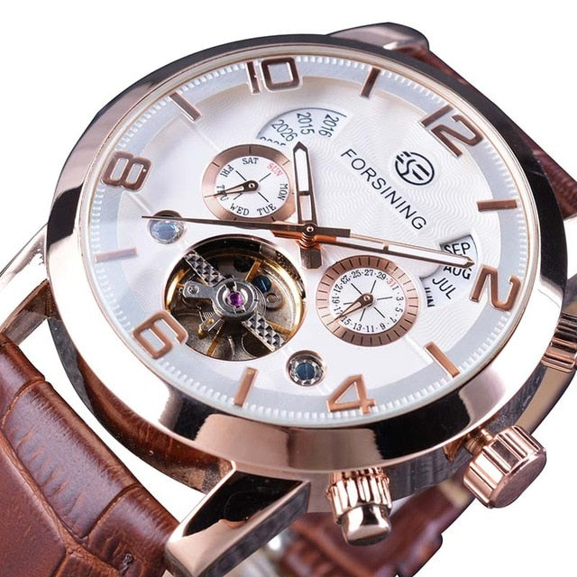 Forsining Tourbillion Fashion Wave Black Golden Clock Multi Function Display Mens Automatic Mechanical Watch