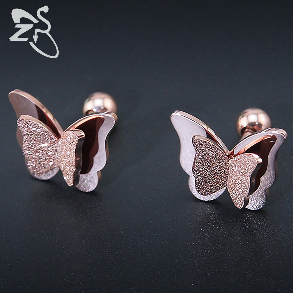 2019 New Butterfly Earrings Rose Gold Color Stainless Steel Stud Earrings for Women Child Frosted Butterfly Cartilage Ear Studs