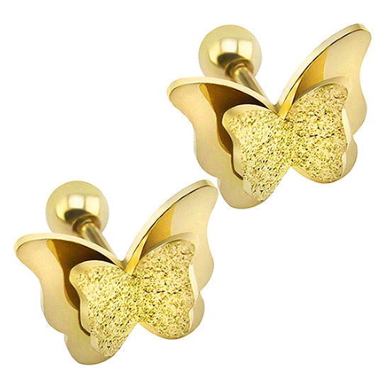 2019 New Butterfly Earrings Rose Gold Color Stainless Steel Stud Earrings for Women Child Frosted Butterfly Cartilage Ear Studs