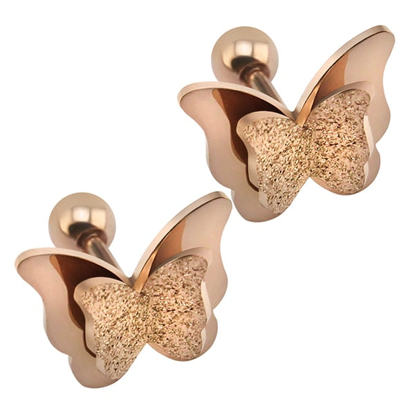 2019 New Butterfly Earrings Rose Gold Color Stainless Steel Stud Earrings for Women Child Frosted Butterfly Cartilage Ear Studs