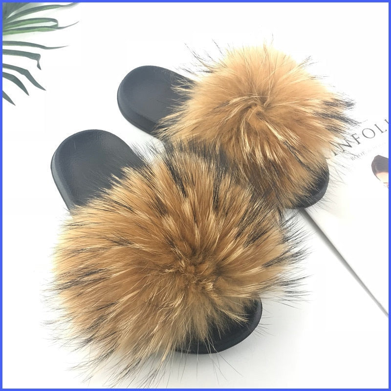 Women Fur Slides Shoes Home Woman Luxury Furry Slippers Indoor Female Sandals Fluffy Cute Raccoon 2019