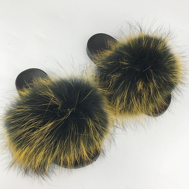 Women Fur Slides Shoes Home Woman Luxury Furry Slippers Indoor Female Sandals Fluffy Cute Raccoon 2019