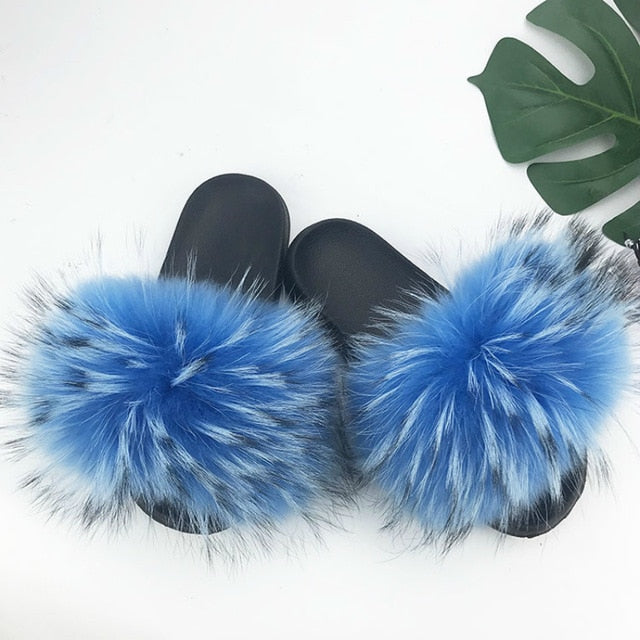 Women Fur Slides Shoes Home Woman Luxury Furry Slippers Indoor Female Sandals Fluffy Cute Raccoon 2019