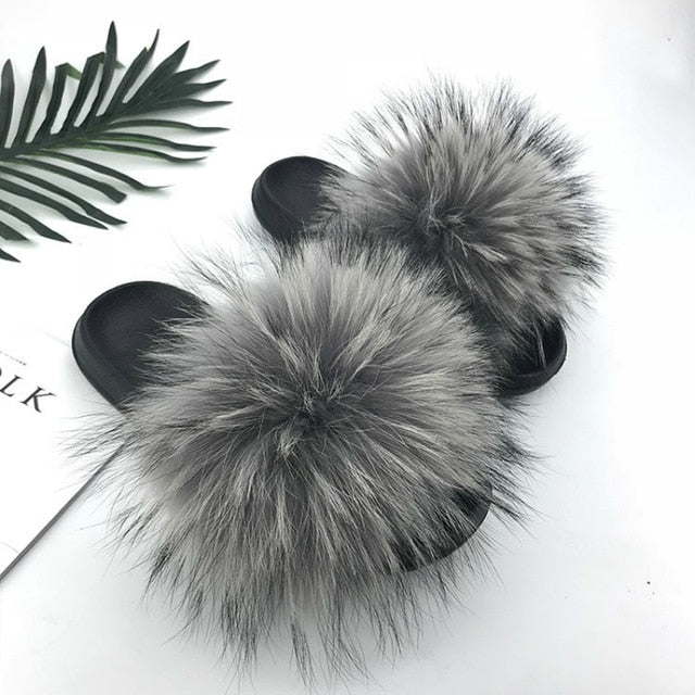 Women Fur Slides Shoes Home Woman Luxury Furry Slippers Indoor Female Sandals Fluffy Cute Raccoon 2019