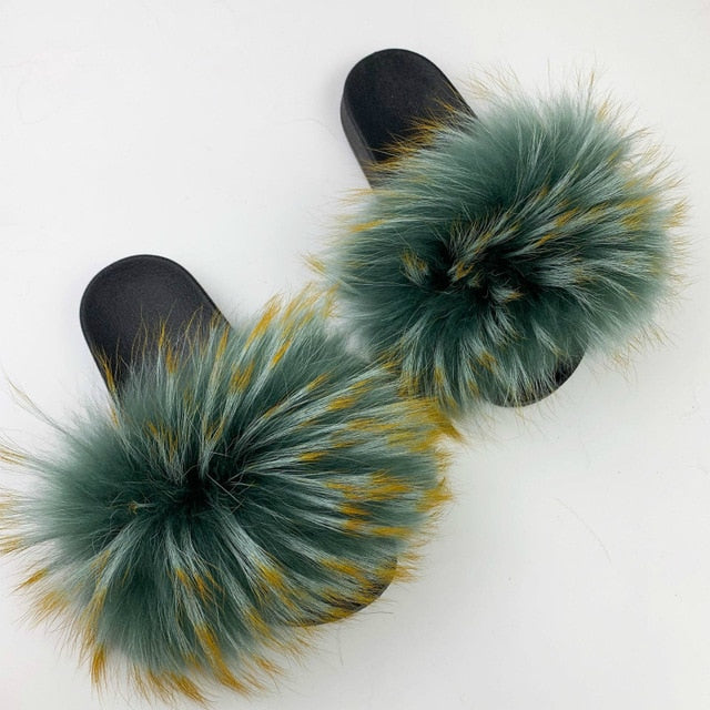 Women Fur Slides Shoes Home Woman Luxury Furry Slippers Indoor Female Sandals Fluffy Cute Raccoon 2019