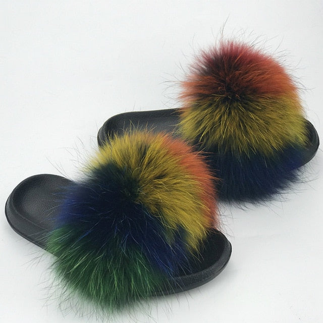 Women Fur Slides Shoes Home Woman Luxury Furry Slippers Indoor Female Sandals Fluffy Cute Raccoon 2019