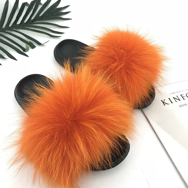 Women Fur Slides Shoes Home Woman Luxury Furry Slippers Indoor Female Sandals Fluffy Cute Raccoon 2019