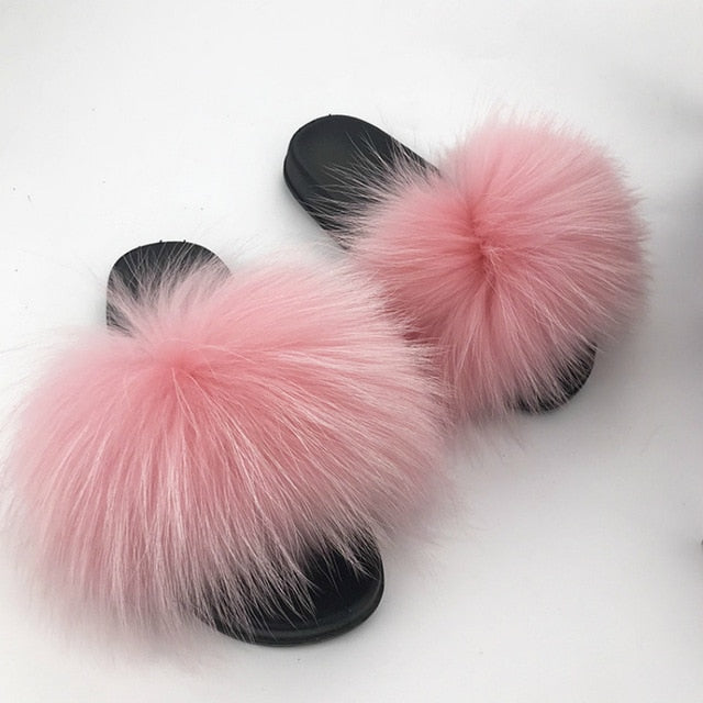 Women Fur Slides Shoes Home Woman Luxury Furry Slippers Indoor Female Sandals Fluffy Cute Raccoon 2019