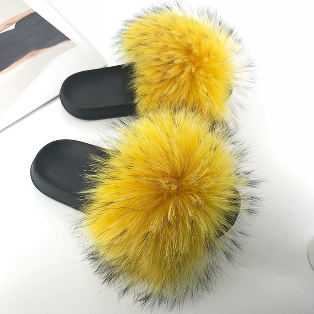 Women Fur Slides Shoes Home Woman Luxury Furry Slippers Indoor Female Sandals Fluffy Cute Raccoon 2019