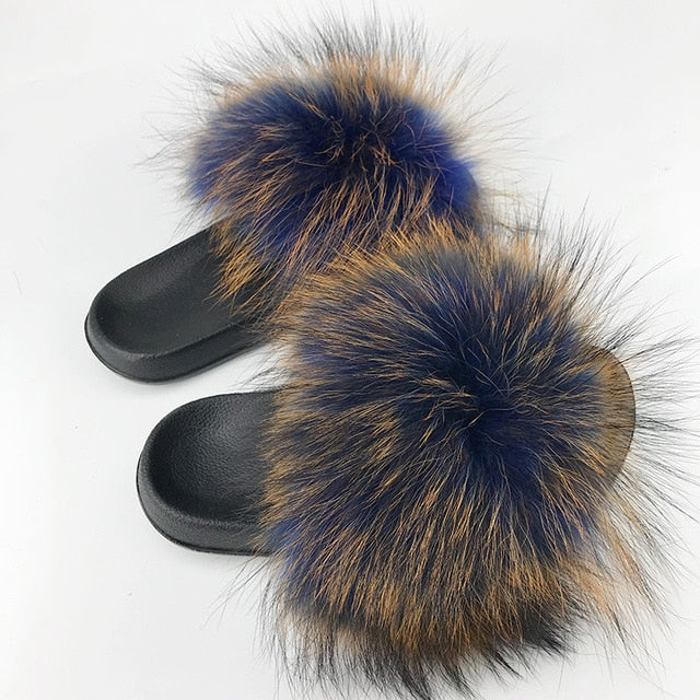 Women Fur Slides Shoes Home Woman Luxury Furry Slippers Indoor Female Sandals Fluffy Cute Raccoon 2019