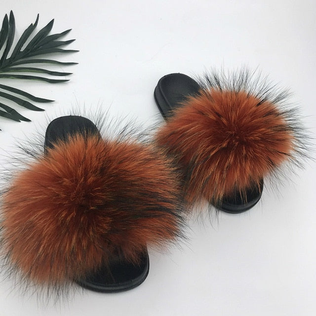 Women Fur Slides Shoes Home Woman Luxury Furry Slippers Indoor Female Sandals Fluffy Cute Raccoon 2019