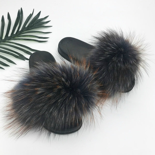 Women Fur Slides Shoes Home Woman Luxury Furry Slippers Indoor Female Sandals Fluffy Cute Raccoon 2019