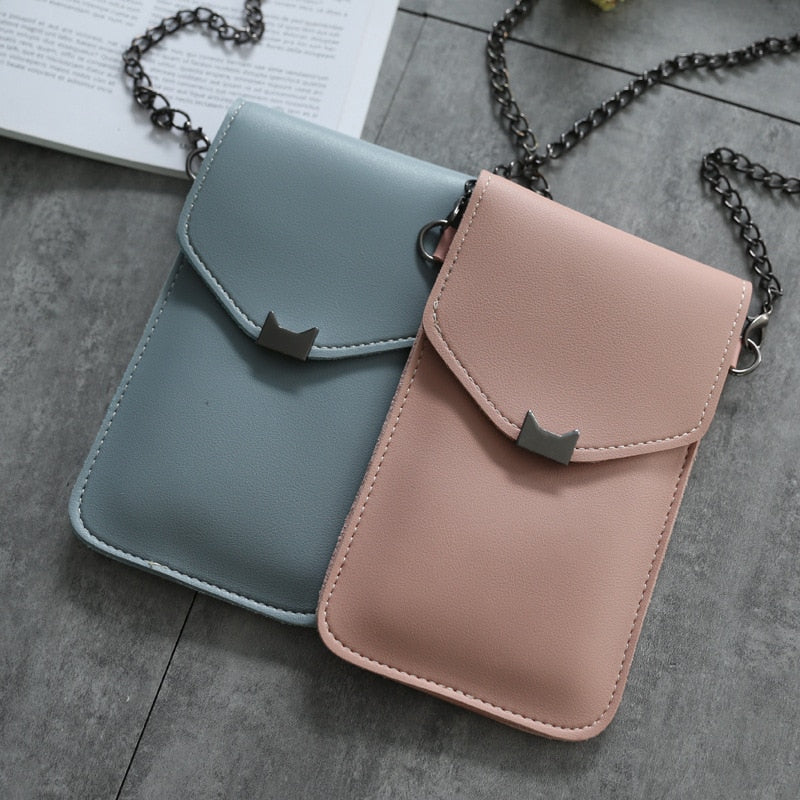 Cat Ear Transparent Touch Screen Retro Simple Mobile Phone Bag 2019 Women Chain Messenger Bags Small Flap Bag Mini Shoulder Bag