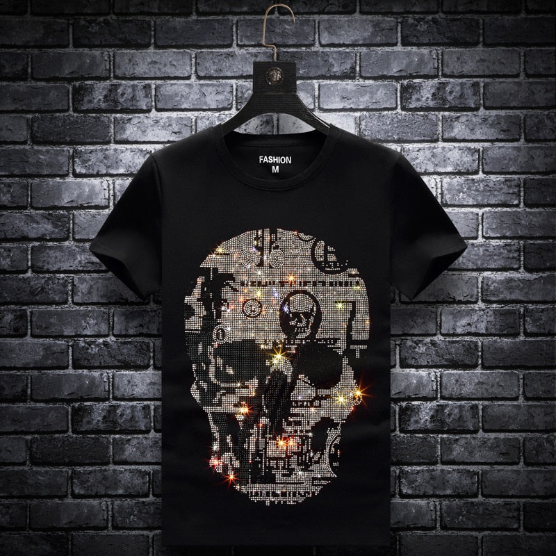 Plus Size 2020 Skull Rhinestones T Shirts Men Summer Clothes Short Sleeve Man Streetwear O Neck Slim Tshirts Calaveras Camiseta