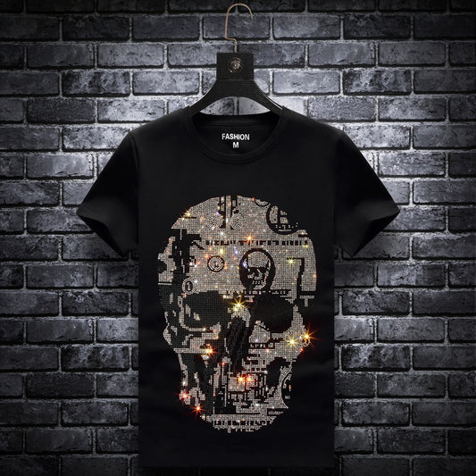 Plus Size 2020 Skull Rhinestones T Shirts Men Summer Clothes Short Sleeve Man Streetwear O Neck Slim Tshirts Calaveras Camiseta