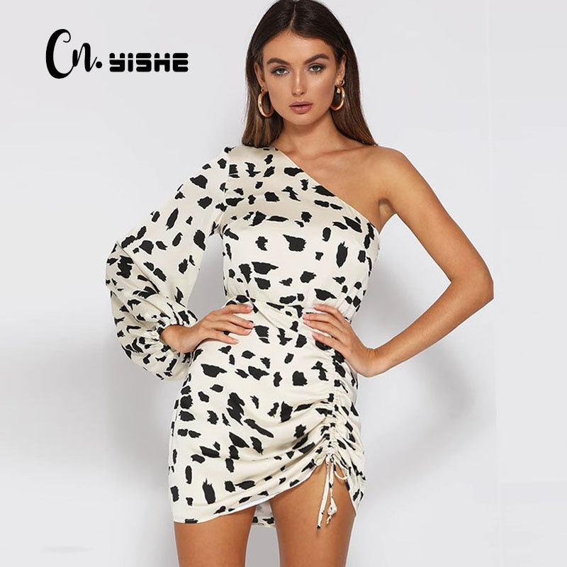 CNYISHE Casual One Shoulder Print Dress Women Sexy Elegant Backless Bandage Dress Female Streetwear Boho Mini Dresses Vestidos