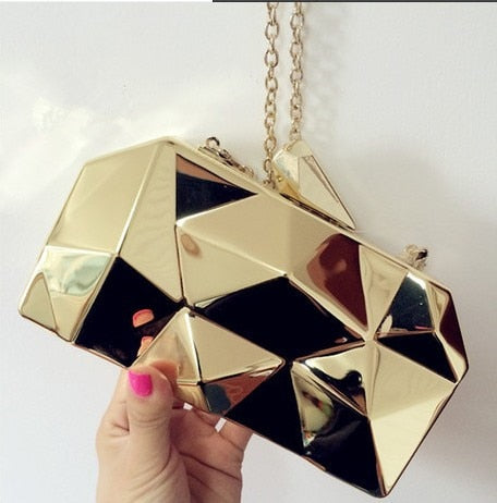 Fashion Handbags Women Metal Clutches Top Quality Hexagon Mini Party Black Evening Purse Silver Bags Gold Box Clutch 3 colors