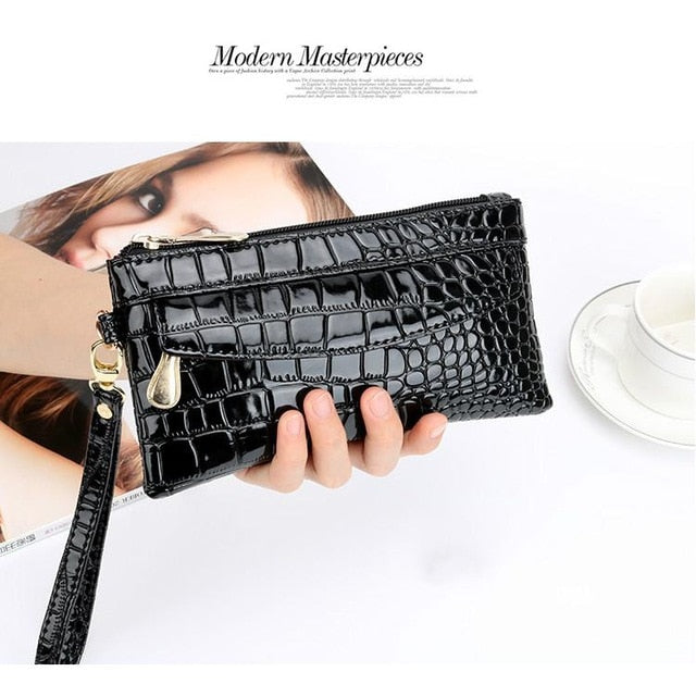 Patent Leather Women's Wallets Fallow Long Ladies Double Zipper Wallet Clutch Bag Design Red Purse Crocodile Purses