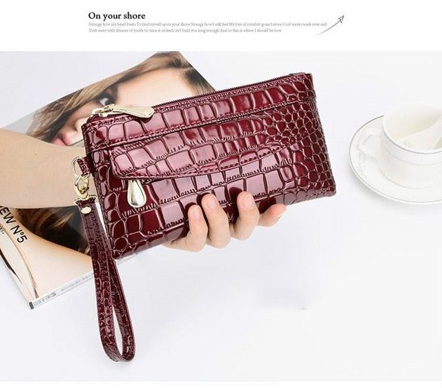 Patent Leather Women's Wallets Fallow Long Ladies Double Zipper Wallet Clutch Bag Design Red Purse Crocodile Purses