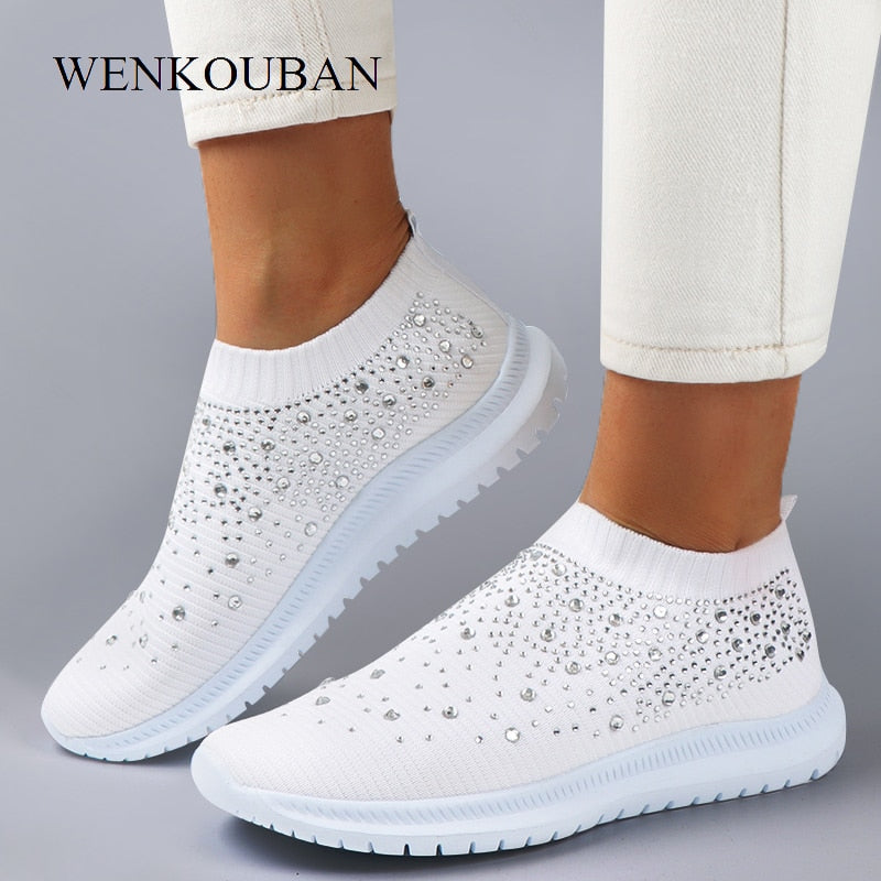 Women Flats Sneakers Crystal Fashion Bling Sneakers Casual Slip On Sock Trainers Summer Women Vulcanize Shoe Zapatillas Mujer