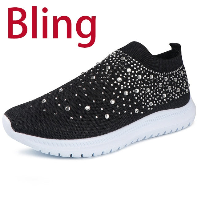 Women Flats Sneakers Crystal Fashion Bling Sneakers Casual Slip On Sock Trainers Summer Women Vulcanize Shoe Zapatillas Mujer