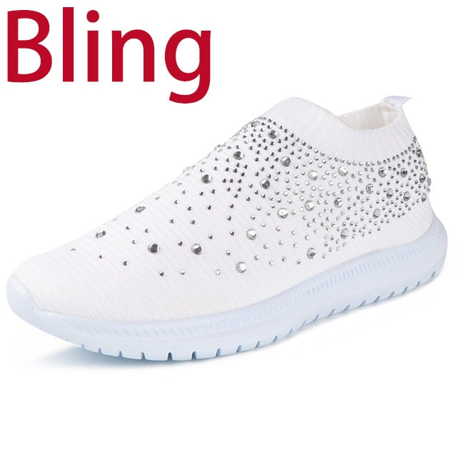 Women Flats Sneakers Crystal Fashion Bling Sneakers Casual Slip On Sock Trainers Summer Women Vulcanize Shoe Zapatillas Mujer