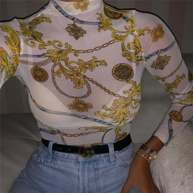 Women Mesh Sheer See Through Print Shirt Blouses Outwear Turtleneck Long Sleeve Tops Transparent Slim Shirt Bodycon Club Blouse