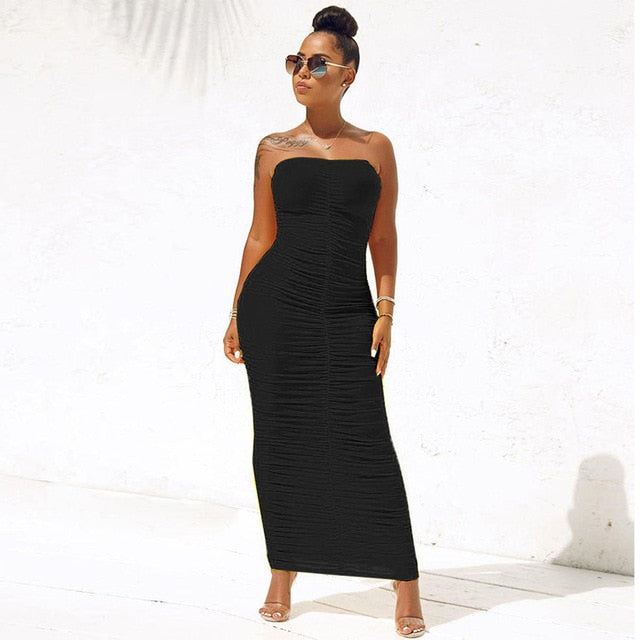 Sexy Backless Ruched Wrap Dress for Women Sleeveless Bodycon Causal Maxi Dress Plus Size High Waist Solid Dress