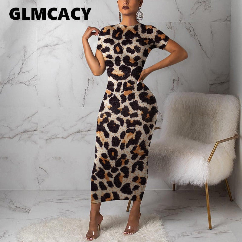 Women Leopard Short Sleeve Maxi Dress Church Party Robe Tunic Vestidos Plus Size Party Night Spring Summer Bodycon Dresses