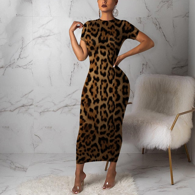 Women Leopard Short Sleeve Maxi Dress Church Party Robe Tunic Vestidos Plus Size Party Night Spring Summer Bodycon Dresses