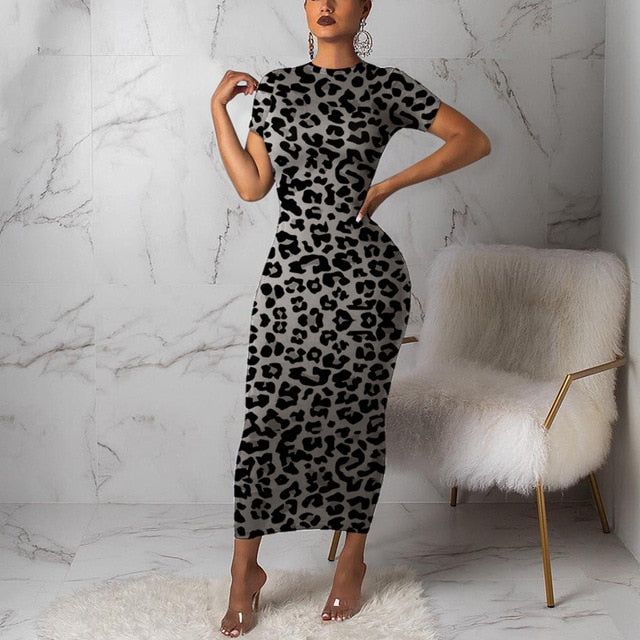 Women Leopard Short Sleeve Maxi Dress Church Party Robe Tunic Vestidos Plus Size Party Night Spring Summer Bodycon Dresses