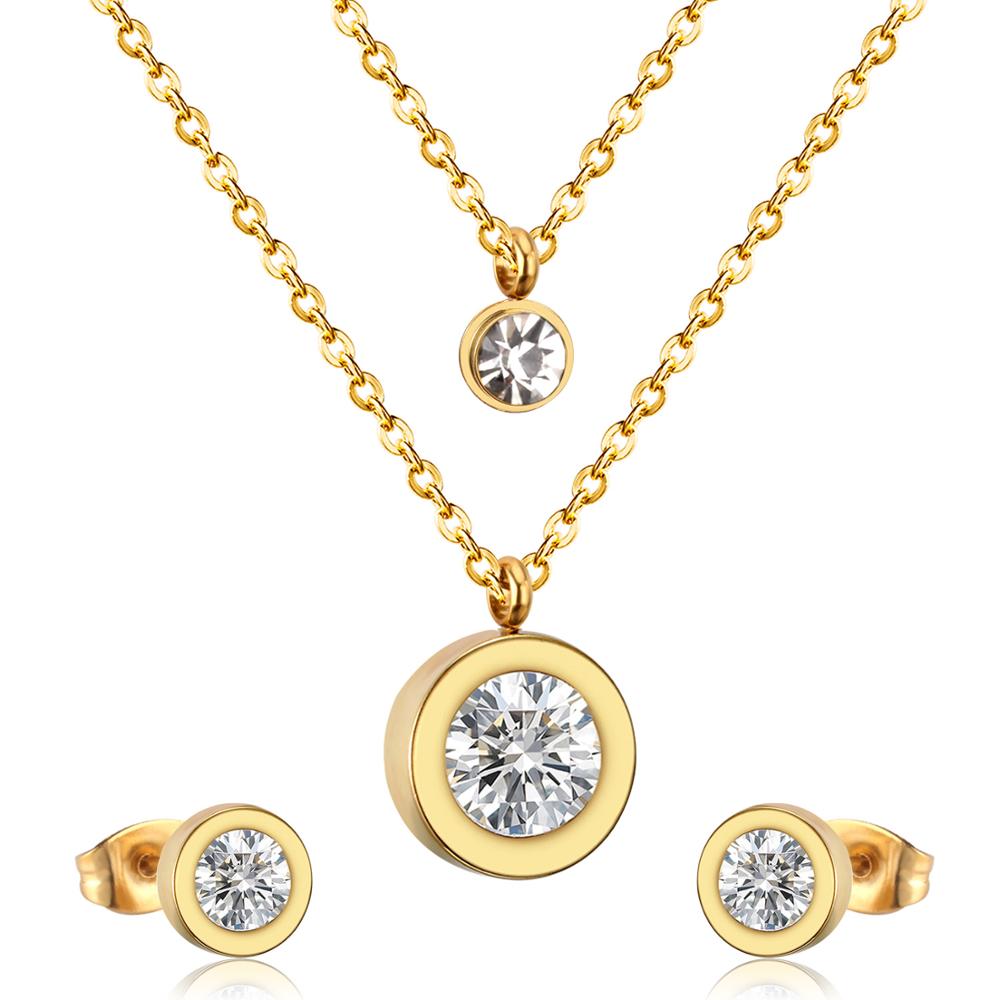 LUXUKISSKIDS Jewelry Set Stainless Steel Crystal Double Round Pendant Necklace Earring Wedding Dubai Jewelry Set For Women Girls