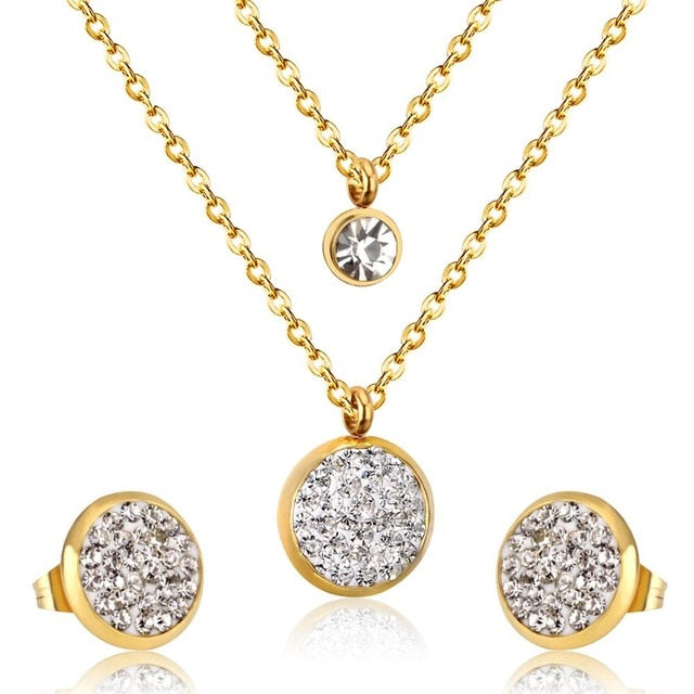 LUXUKISSKIDS Jewelry Set Stainless Steel Crystal Double Round Pendant Necklace Earring Wedding Dubai Jewelry Set For Women Girls