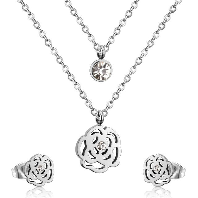 LUXUKISSKIDS Jewelry Set Stainless Steel Crystal Double Round Pendant Necklace Earring Wedding Dubai Jewelry Set For Women Girls