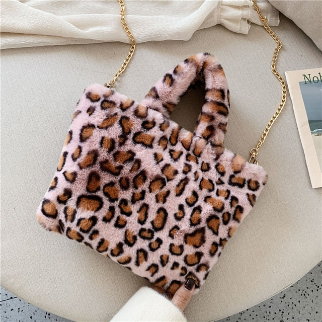 Winter new fashion shoulder bag female leopard female bag chain large plush winter handbag Messenger bag soft warm fur bag