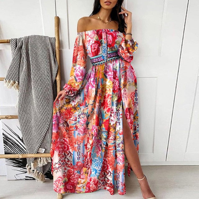 Sexy Women Off Shoudler Strapless Split Dress Vintage Floral Print Maxi Long Dress Clubwear Long Sleeve Party Dress Vestido 3XL