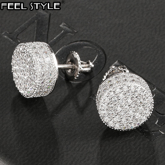 Hip HOP 1Pair Micro Full Paved Rhinestone Round Zircon CZ Stone Bling Iced Out Stud Earring Copper Earrings For Men Jewelry