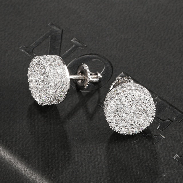 Hip HOP 1Pair Micro Full Paved Rhinestone Round Zircon CZ Stone Bling Iced Out Stud Earring Copper Earrings For Men Jewelry