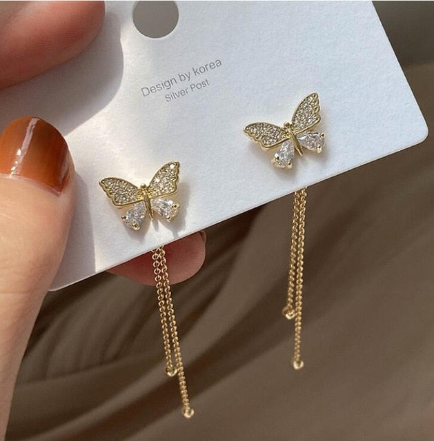 Long Earrings Women Bow Tassel Earings Front and Back Crystal Bow Tassel Earrings Female Long Temperament  Butterfly Earrings